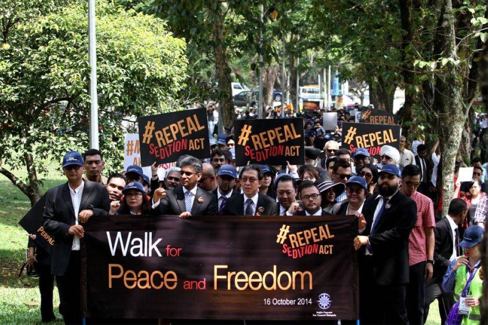 On October 16, 2014, the Malaysian Bar held the ‘Walk for Peace and Freedom’ to condemn the use of the Sedition Act 1948 and to protest the multiple arrests, investigations and charges made under that law. — Picture by Yusof Mat Isa