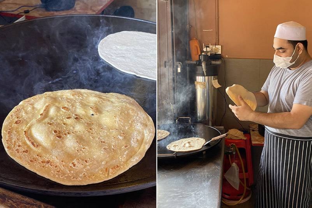 You can see how your chapati is prepared on the spot (left). Expert hands roll out the dough, flip it and cook the wholesome flatbreads (right).