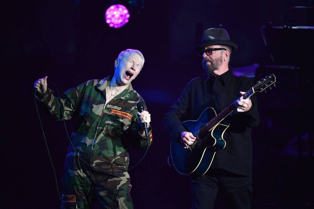 Scottish singer-songwriter Annie Lennox and English musician Dave Stewart of the Eurythmics perform onstage during the Songwriters Hall of Fame 51st Annual Induction and Awards Gala in New York, June 16, 2022. — AFP pic 
