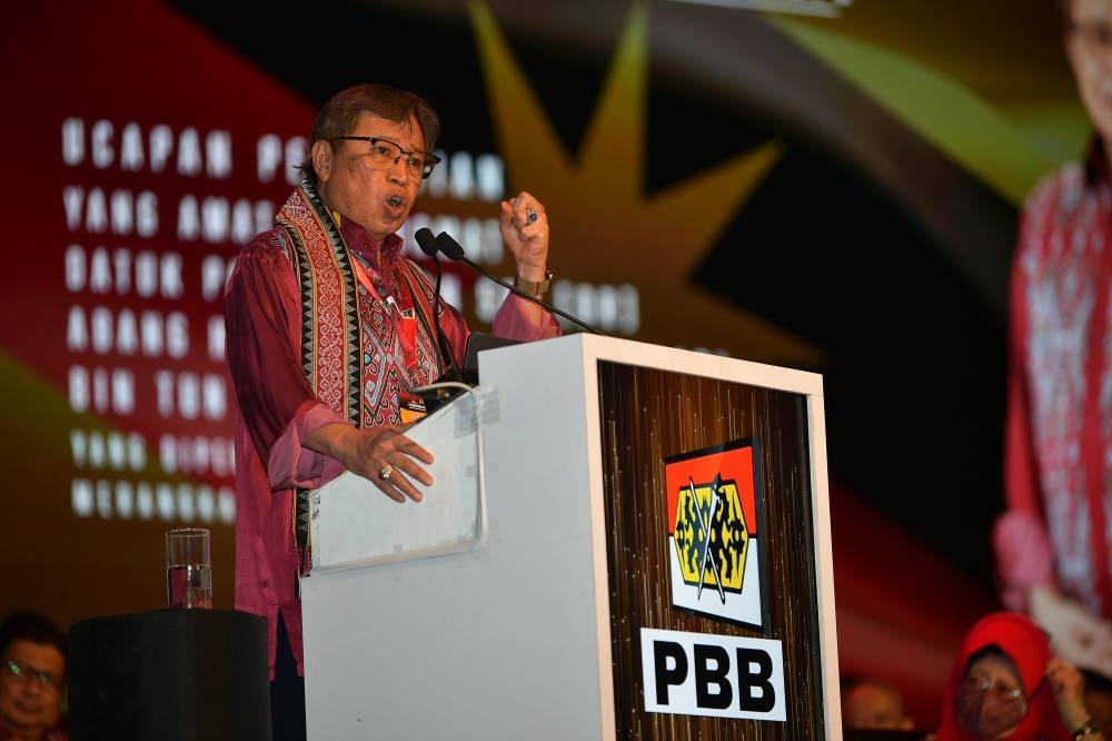 Sarawak Premier Tan Sri Abang Johari Tun Openg speaks during the opening of Parti Pesaka Bumiputera Bersatu (PBB) triennial delegates convention (TDC) in Kuching June 18, 2022. ― Bernama pic