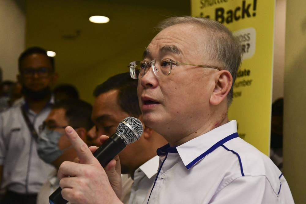 Transport Minister Datuk Seri Wee Ka Siong speaks to the media after flagging off the Shuttle Tebrau train at JB Sentral, Johor Baru June 19, 2022. — Bernama pic