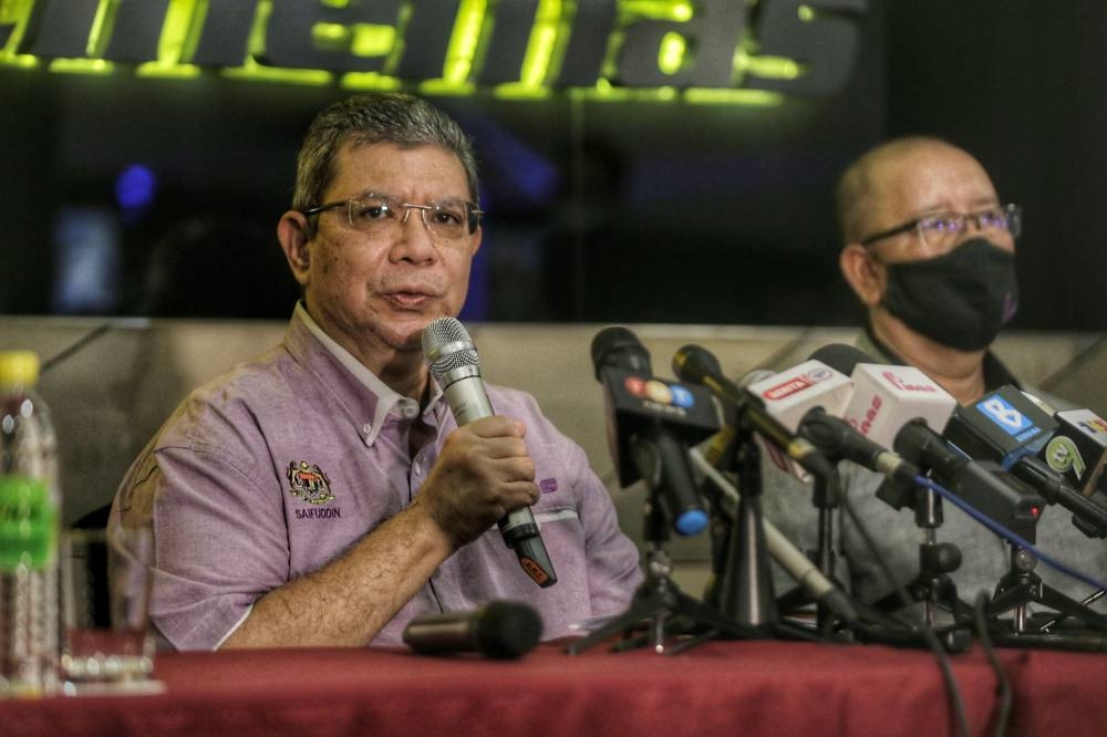 Datuk Saifuddin Abdullah speaks during a press conference on standard operating procedures (SOP) at filming locations and cinemas at GSC Mid Valley Kuala Lumpur in this file picture taken on March 20, 2021. — Picture by Ahmad Zamzahuri