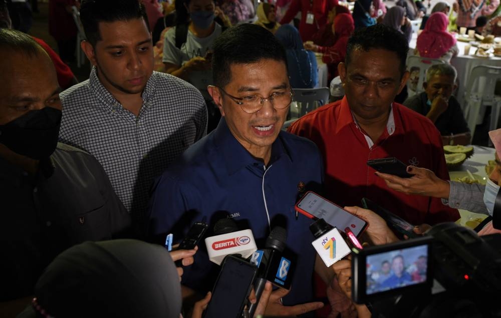 Datuk Seri Mohamed Azmin Ali speaks to the media after making a working visit to the Balik Pulau parliamentary constituency June 20, 2022. — Bernama pic