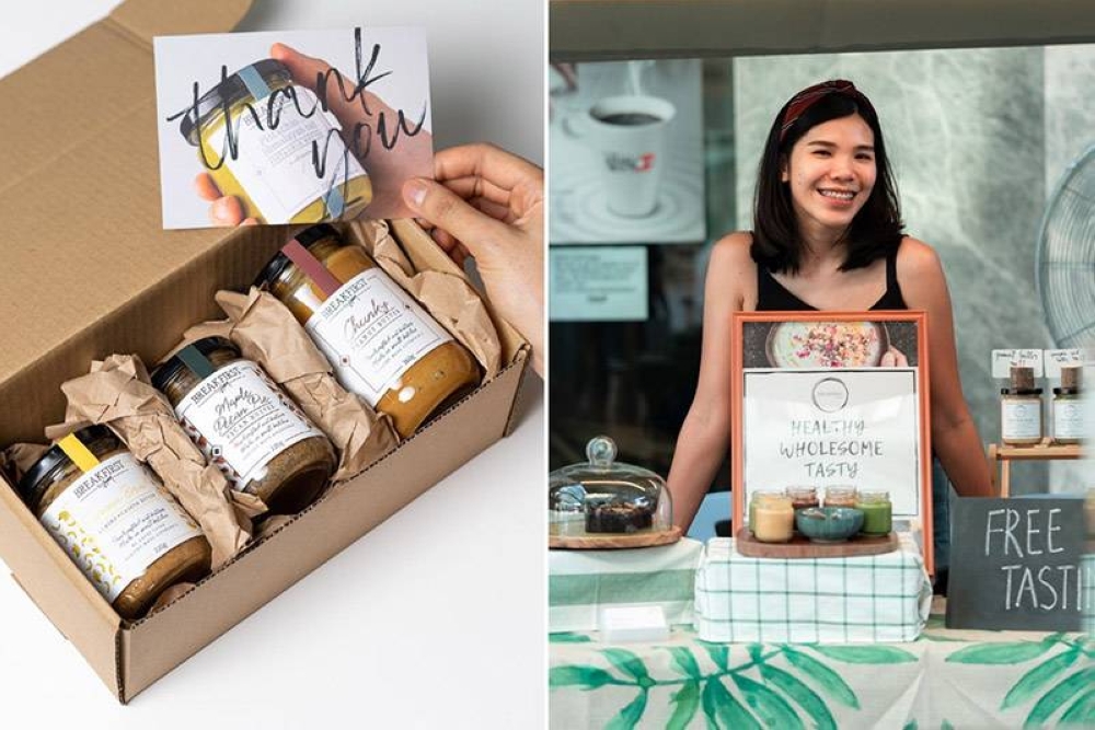 Gift box of nut butters (left). Lee at a weekend bazaar in 2019, before the pandemic (right).