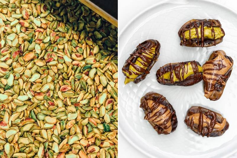 Lightly roasting nuts (left). Nut butter stuffed dates (right).