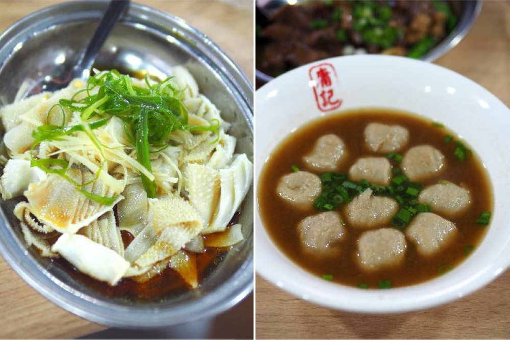 Order the omasum with ginger and spring onions for crunchy textures paired with a refreshing taste (left). Add on a bowl of beef balls to pair with the beef cuts (right).