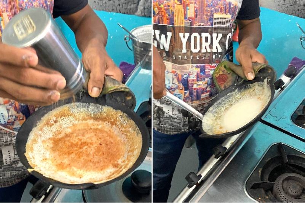 Add a dash of brown sugar for a deeper flavour to your 'appam' (left). Fast deft hands can quickly take out the 'appam' from the seasoned pans (right).