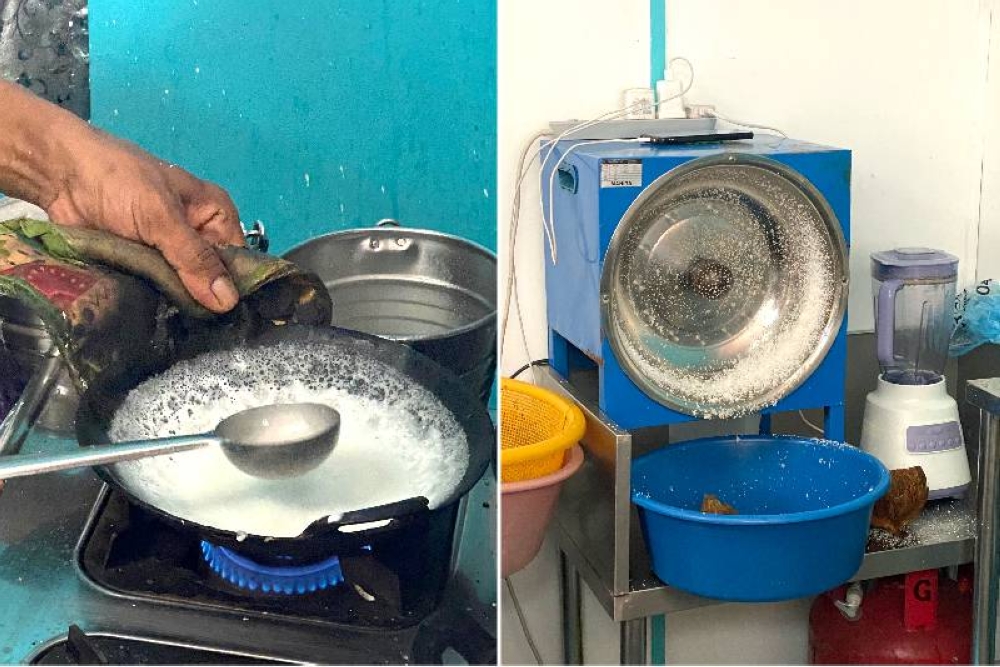 Mohan adds a scoop of coconut milk to the centre of the half cooked 'appam' to create that soft, moist centre (left). The key to their deliciousness is freshly squeezed coconut milk for the 'appam'(right).
