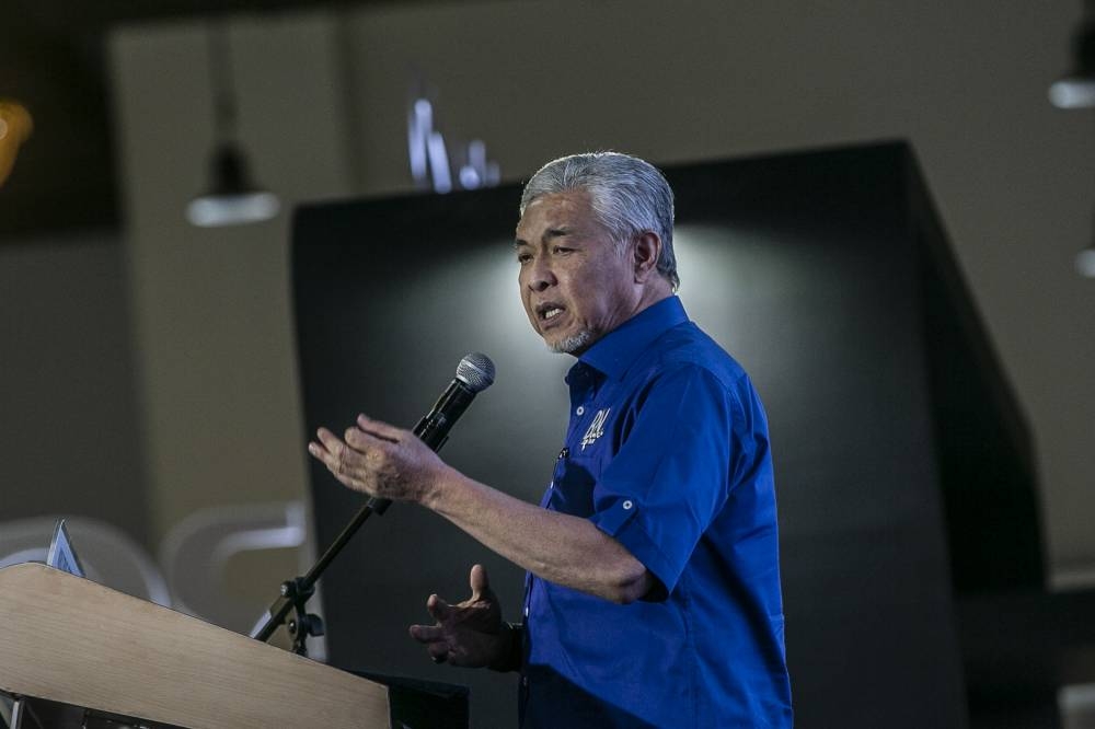 Barisan chairman Datuk Seri Ahmad Zahid Hamidi speaks at Dewan Tun Razak in Kuala Lumpur June 24, 2022. ― Picture by Hari Anggara