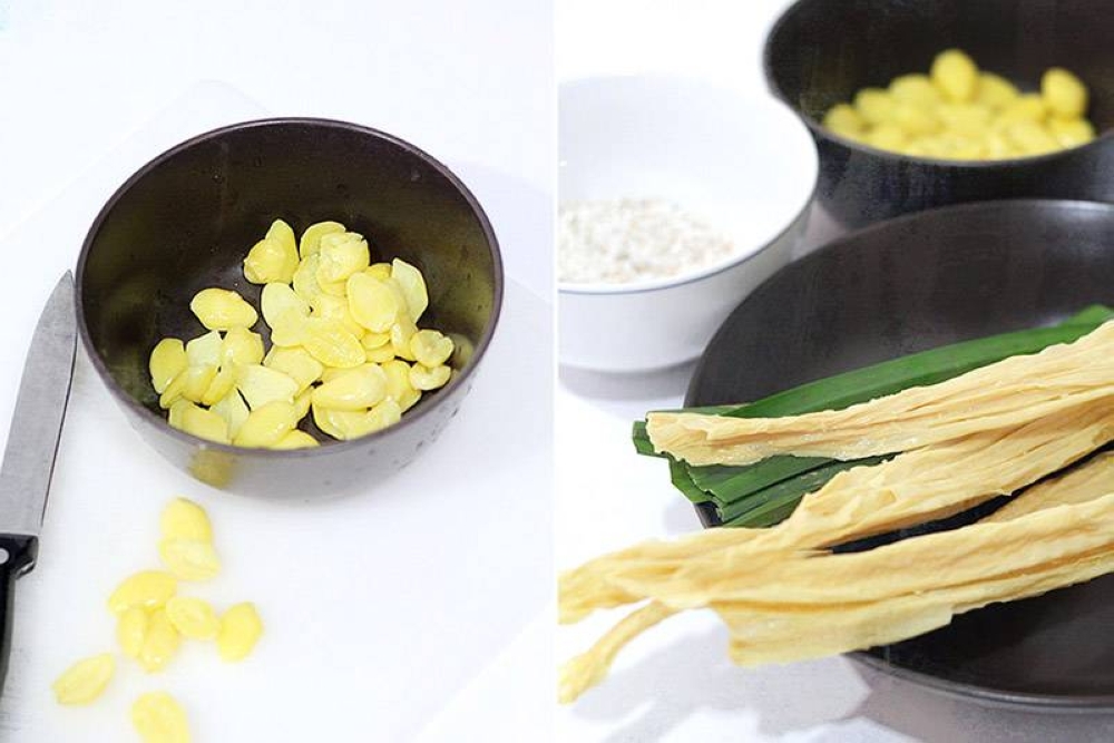 Ginkgo nuts have to be cleaned before cooking (left). Dried barley and sheets of 'fu chok' (right).