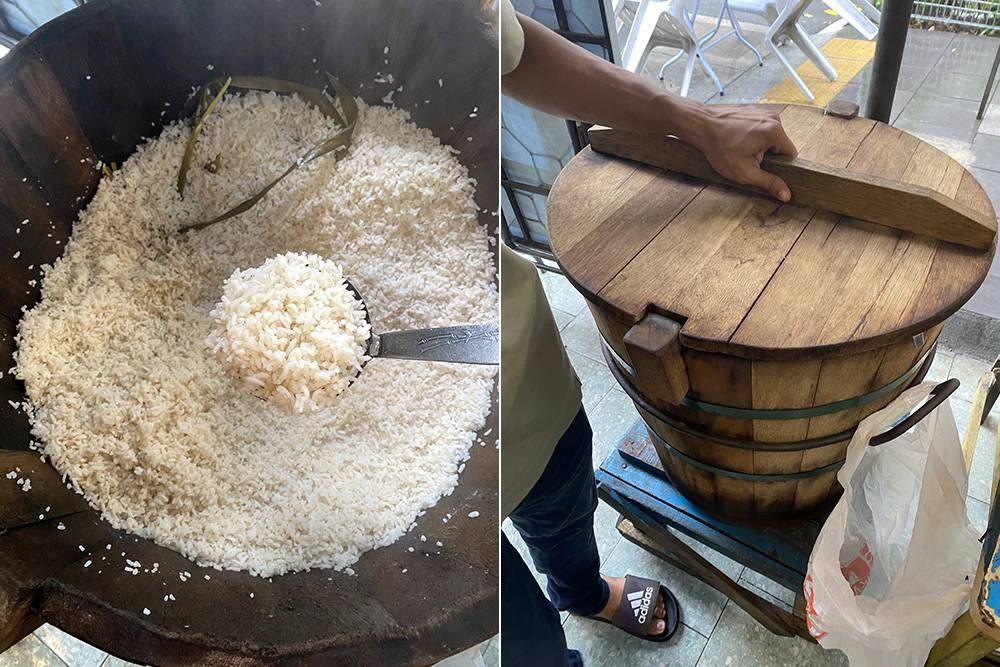 The highlight here is their fragrant coconut milk scented rice (left). The rice is steamed in a wooden bucket, which is the traditional way (right).