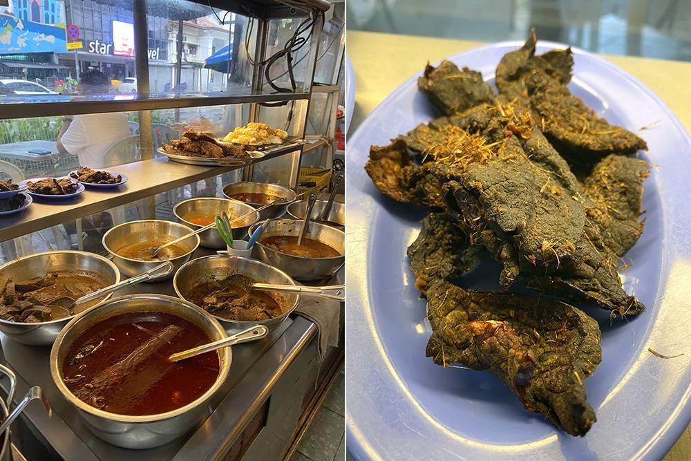 Select what you want from the array of dishes laid out (left). A must-eat is their 'paru goreng' which is well prepared here (right).