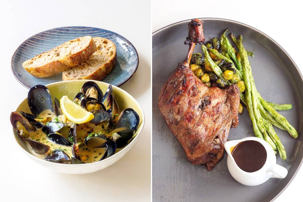 Black Mussel Bowl (left). Duck Confit (right).