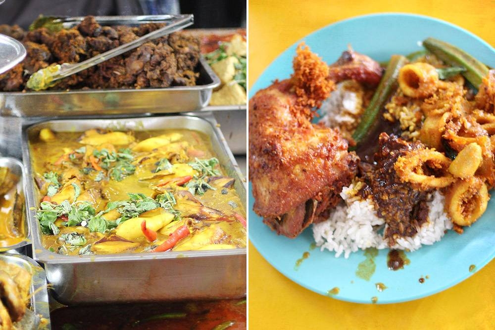A wide array of dishes (left). 'Nasi kandar' with 'sotong goreng' (right).