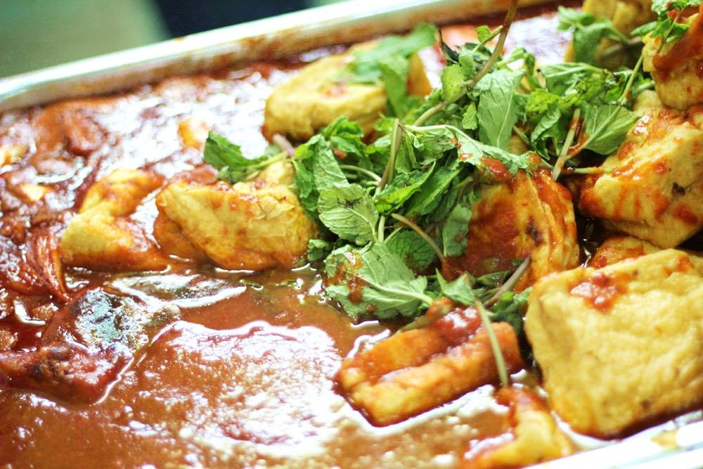 'Tauhu manis', blocks of fried tofu in a sweet-spicy 'sambal' gravy.