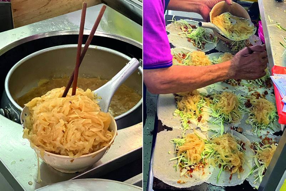 The 'popiah' has juicy yam bean filling that is cooked but drained well so it doesn't create a soggy mess (left). Layer upon layer is built for the 'popiah' as the yam bean is added on top (right).