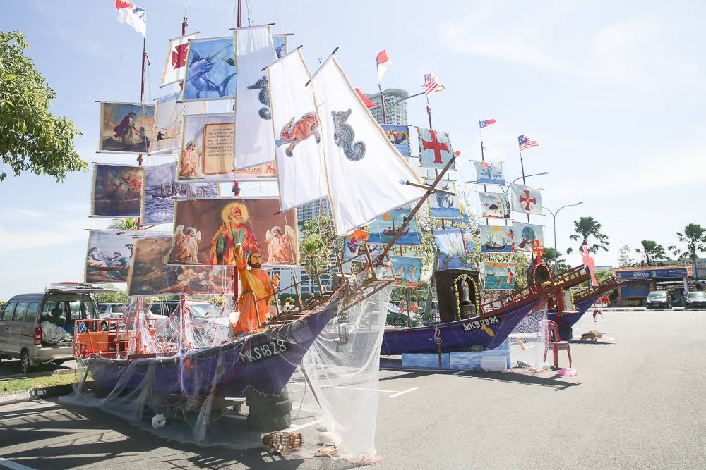 The three entries for the Festa San Pedro boat decoration contest in Melaka, June 29, 2022. — Picture by Choo Choy May