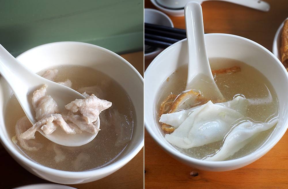 Pork tendons here have a slightly chewy bite (left). Their fish skin 'wantans' aren't UFO shaped but more like folded triangle shaped dumplings (right).