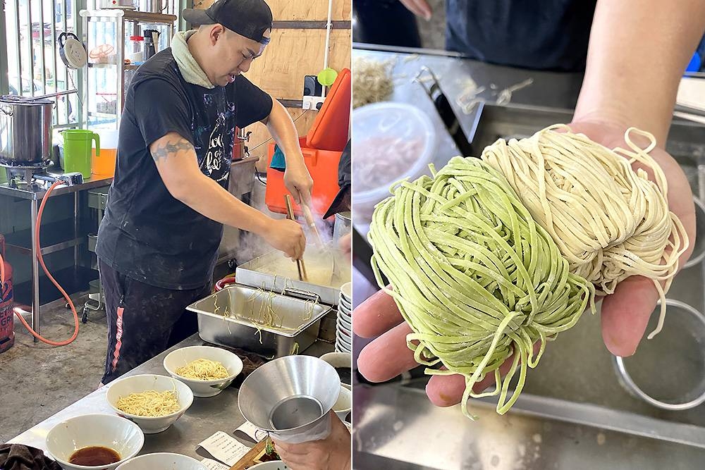 The noodles are cooked upon order for the texture to be perfect when served to you (left). You have a choice between spinach or original flavoured noodles (right).