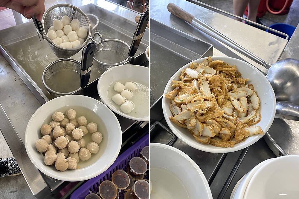 You can order fish balls or squid pork meatballs with your dry noodles (left). Fried fish cake is sliced and added to the bowls of soup (right).