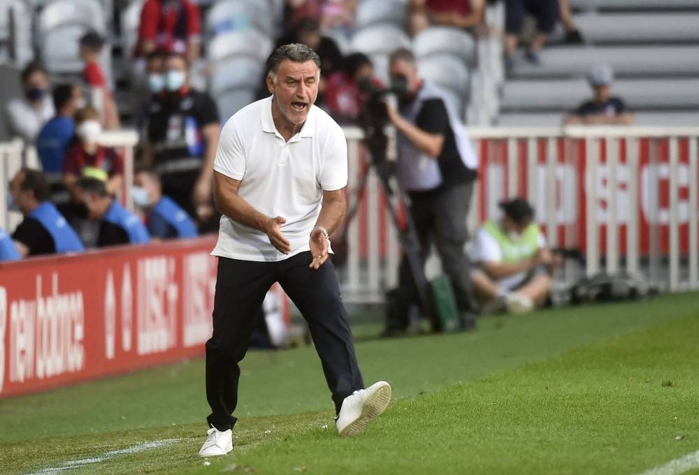 Nice's head coach Christophe Galtier gestures during the match between Lille and Nice at the Pierre Mauroy Stadium in Villeneuve d'Ascq August 14, 2021. — Reuters pic 