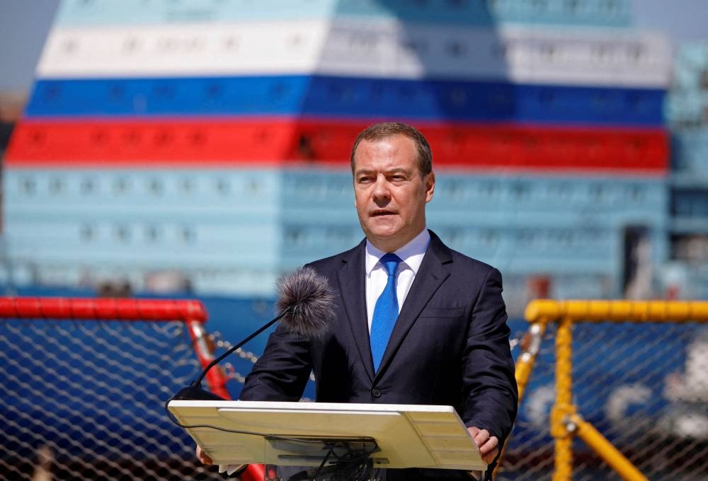 Dmitry Medvedev, Deputy Chairman of Russia's Security Council, delivers a speech during a ceremony marking Shipbuilder's Day in Saint Petersburg June 29, 2022. — Sputnik/Valentin Yegorshin/Pool pic via Reuters