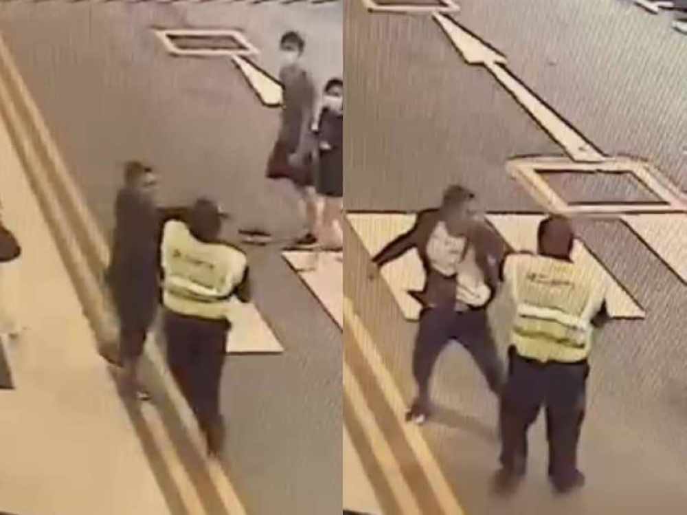 In a closed-circuit television footage shared by Security Association Singapore, a man who appears not to have a mask on is shown hitting security guard Sures Perimal. ― Picture via Security Association Singapore