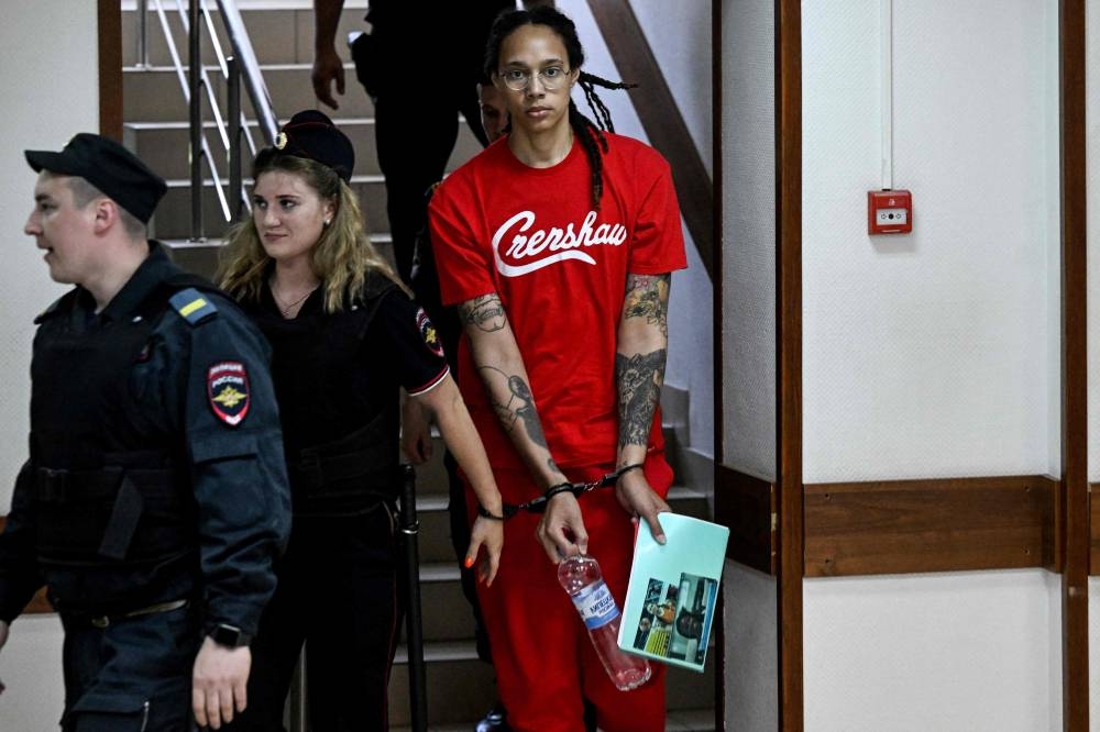 US WNBA basketball superstar Brittney Griner arrives to a hearing at the Khimki Court, outside Moscow, July 7, 2022. — AFP pic 