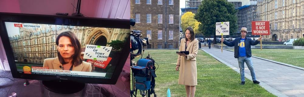 Bray’s protest techniques include ‘photobombing’ live news broadcasts with signs critical of the government. — Pictures via Twitter/ @snb19692