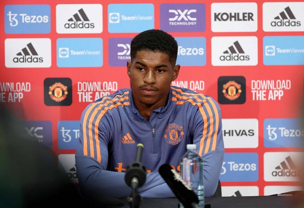 Manchester United’s Marcus Rashford listens to a question during a press conference in Melbourne, July 14, 2022, ahead of their exhibition football match against Melbourne Victory. — AFP pic 