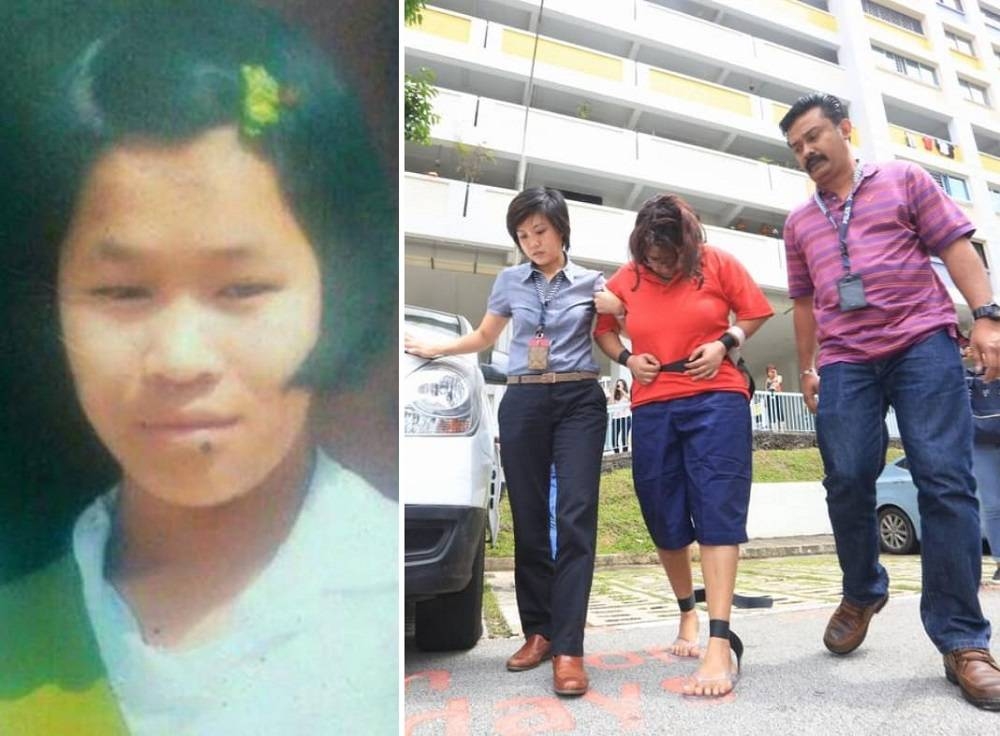 (Left) An old picture of Piang Ngaih Don. (Right) Gaiyathiri Murugayan in the centre being led by investigators to her Bishan flat in 2016 for a re-enactment of how Piang died. — Picture courtesy of Helping Hands for Migrant Workers Singapore/Facebook and TODAY file photo 