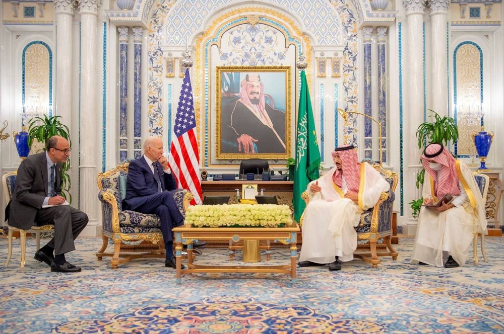 Saudi Crown Prince Mohammed bin Salman receives US President Joe Biden at Al Salman Palace upon his arrival in Jeddah, Saudi Arabia, July 15, 2022. — Reuters pic