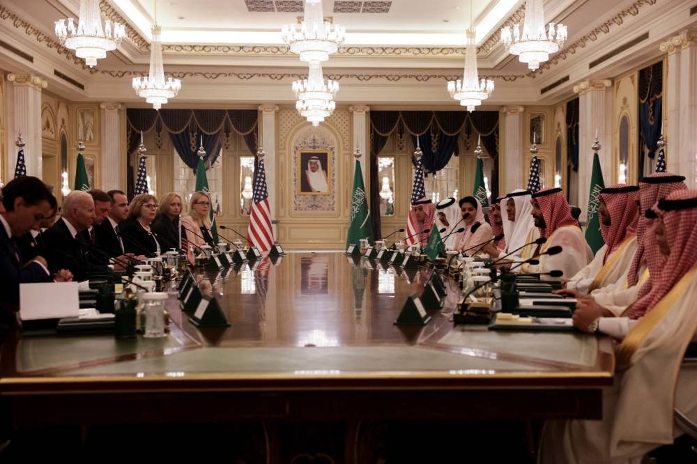 US President Joe Biden participates in a bilateral meeting with Saudi Arabia's Crown Prince Mohammed bin Salman, at Al Salam Royal Palace, in Jeddah, Saudi Arabia July 15, 2022. — Reuters pic