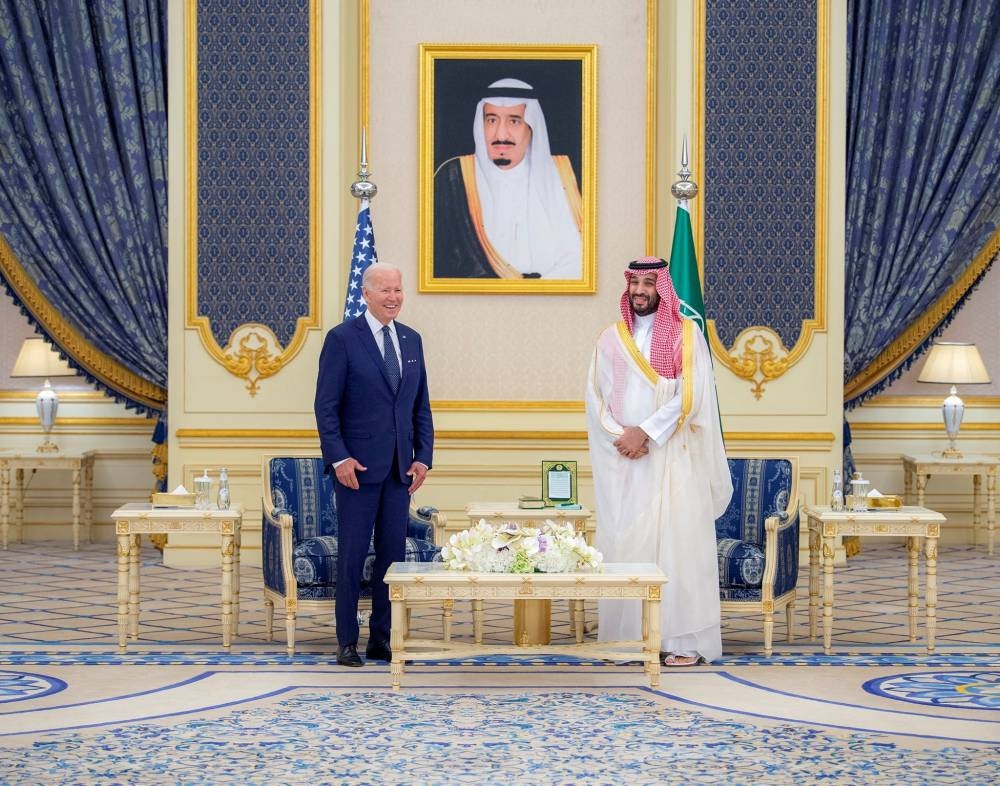 Saudi Crown Prince Mohammed bin Salman and US President Joe Biden meet at Al Salman Palace upon his arrival in Jeddah, Saudi Arabia, July 15, 2022. — Reuters pic