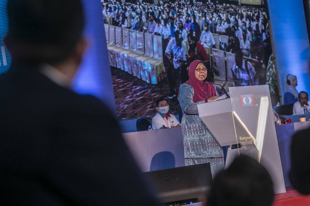 Wanita PKR chief Fuziah Salleh gives her speech at the PKR Congress at Ideal Convention Centre (IDCC) Shah Alam July 17, 2022. — Picture by Hari Anggara