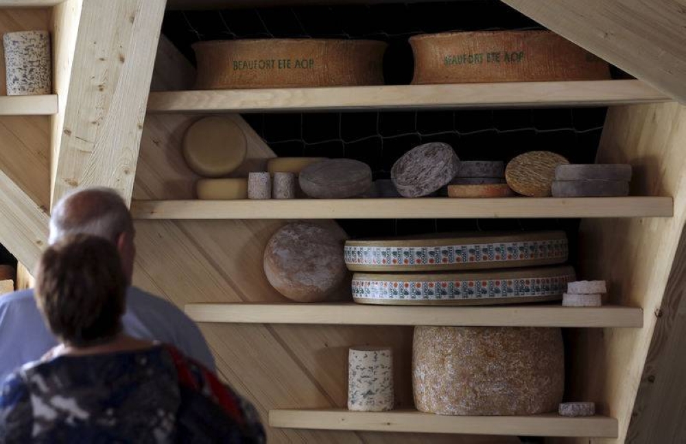 Visitors look at wheels of cheese at the France pavilion at Expo 2015 in Milan in this file photo taken on May 9, 2015. A protein powder derived from biomass fermentation could be the future of vegan cheese. — AFP pic