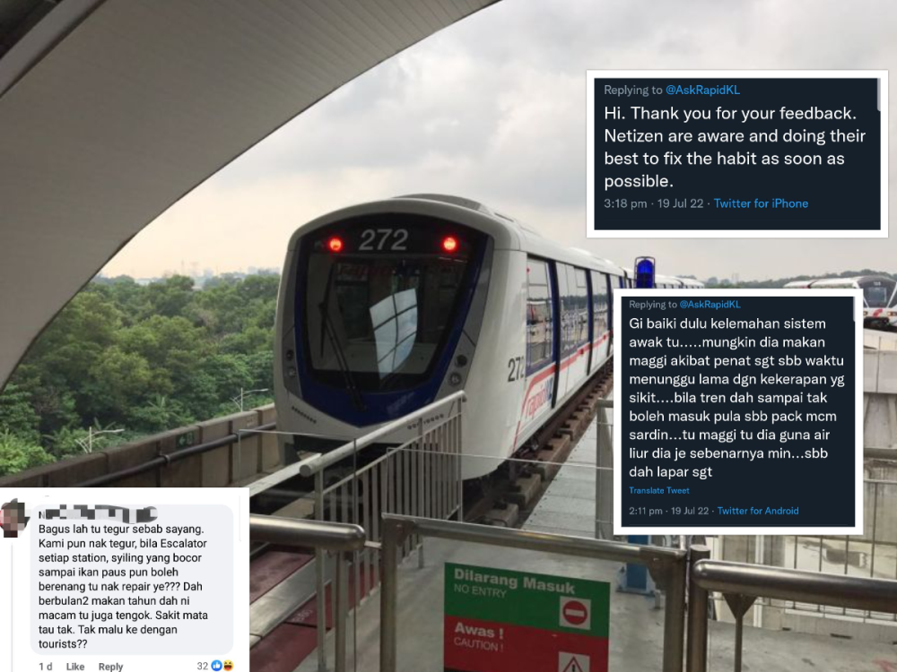 Malaysian public transport service provider Rapid KL is in hot waters after their social media post advising the public not to eat while onboarding their trains had backfired. — Picture courtesy of Prasarana sdn bhd and Screenshot from Facebook and Twitter. 