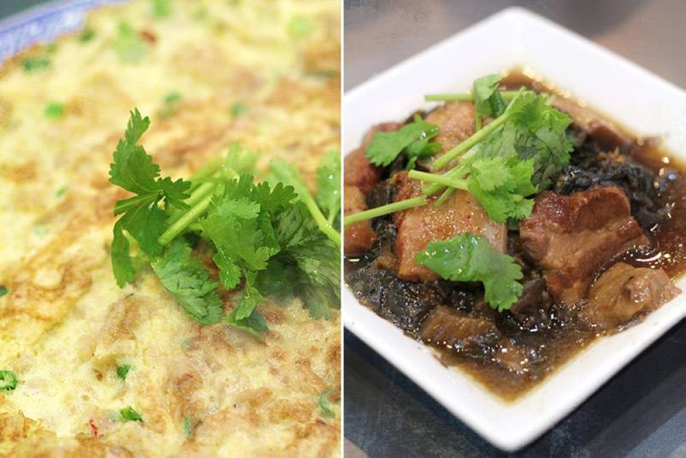Omelette with salted turnip (left). Stewed pork belly with 'mui choy' (right).