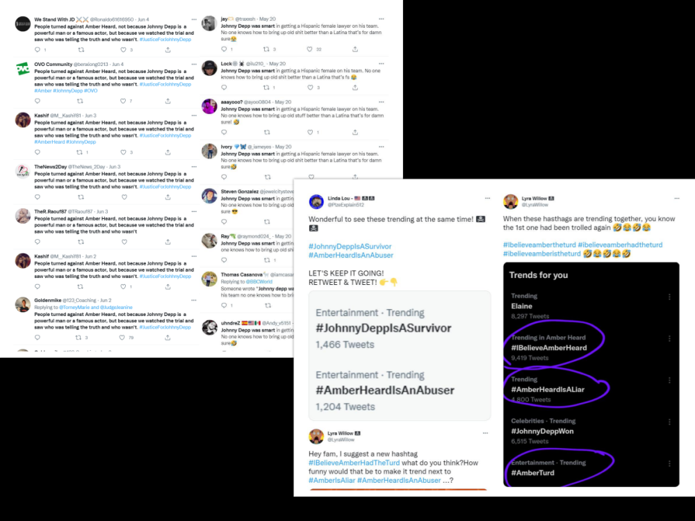Screenshot of the 'Hashtag spammings' and 'Copypasta' done by trolls during Amber Heard's defamation trial in June which was shared in the report. —  Screenshot from botsentinel.com 