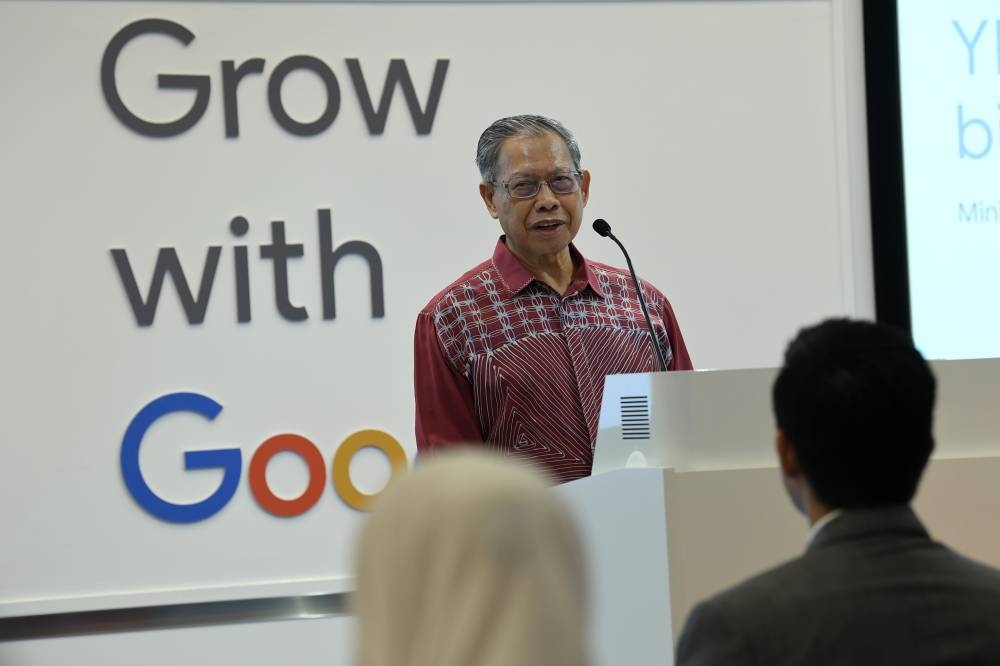 Minister in the Prime Minister’s Department (Economy) Datuk Seri Mustapa Mohamed delivers his opening speech during a Launch of Google New Training Programme in Kuala Lumpur July 21, 2022. — Bernama pic