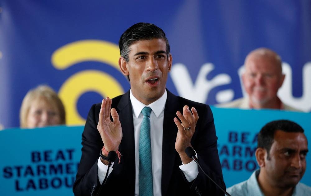 Conservative leadership candidate Rishi Sunak gestures at a Conservative Party leadership campaign event in Grantham, Britain, July 23, 2022. ― Reuters pic