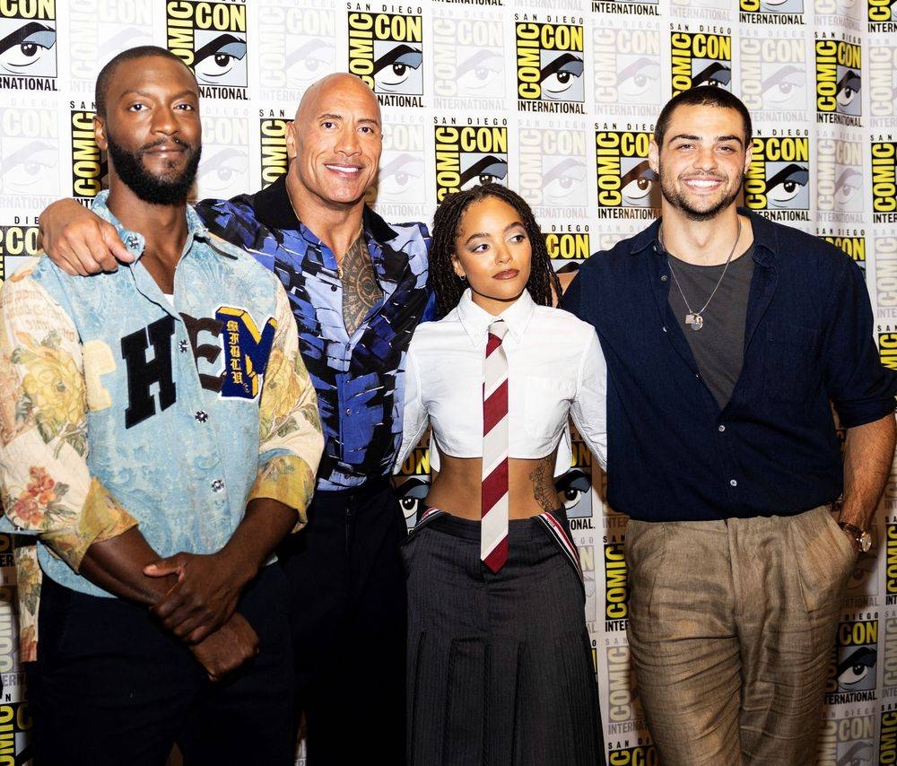 Cast members Aldis Hodge, Dwayne Johnson, Quintessa Swindell and Noah Centineo attend the Warner Bros. Black Adam press line at the 2022 Comic Con International: San Diego at Hilton Bayfront in San Diego, California, July 23, 2022. — Reuters pic