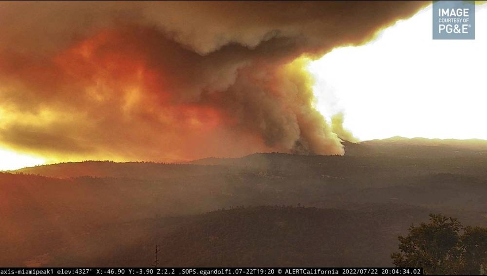 The Oak Fire burns in Yosemite National Park, near Ahwahnee, California, US, July 22, 2022, in this screen grab taken from a handout video. — alertwildfire.org/Handout via Reuters