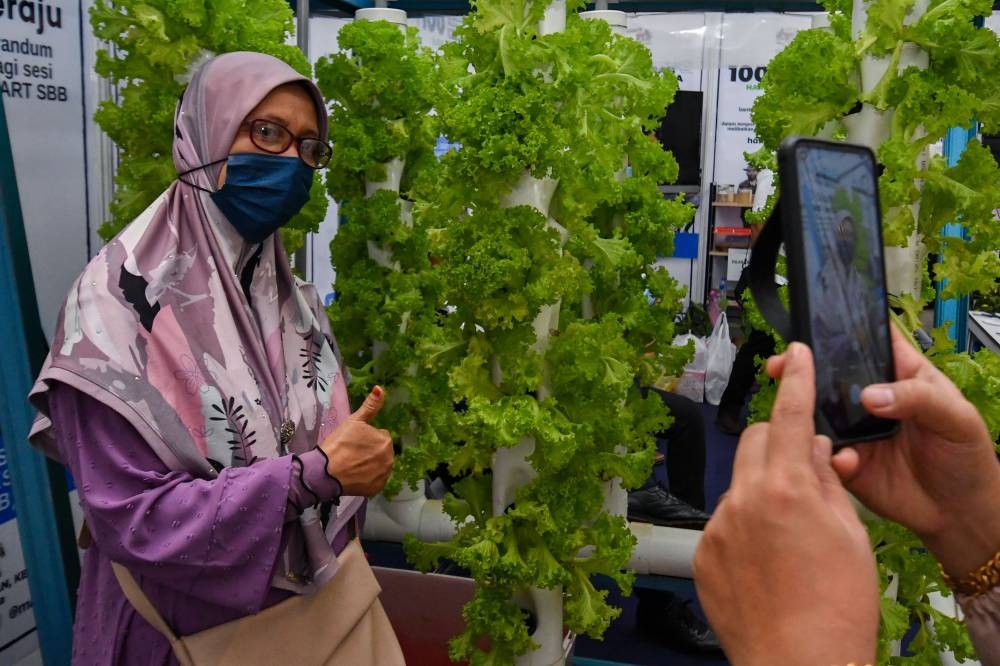 A visitor poses with a vertical hydroponic tower during the three-day Kelantan Keluarga Malaysia Aspirations (AKM) Tour programme at the Sultan Muhammad IV Stadium in Kota Baru July 24, 2022. — Bernama pic