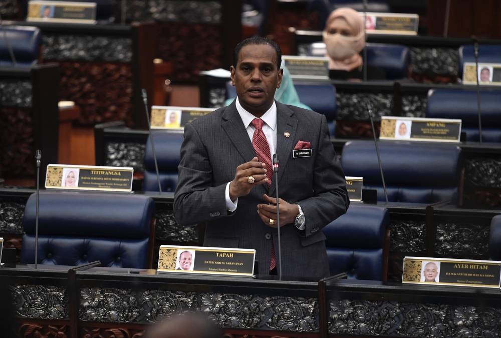 Human Resources Minister Datuk Seri M. Saravanan speaks at the Dewan Rakyat, July 25, 2022. — Bernama pic 