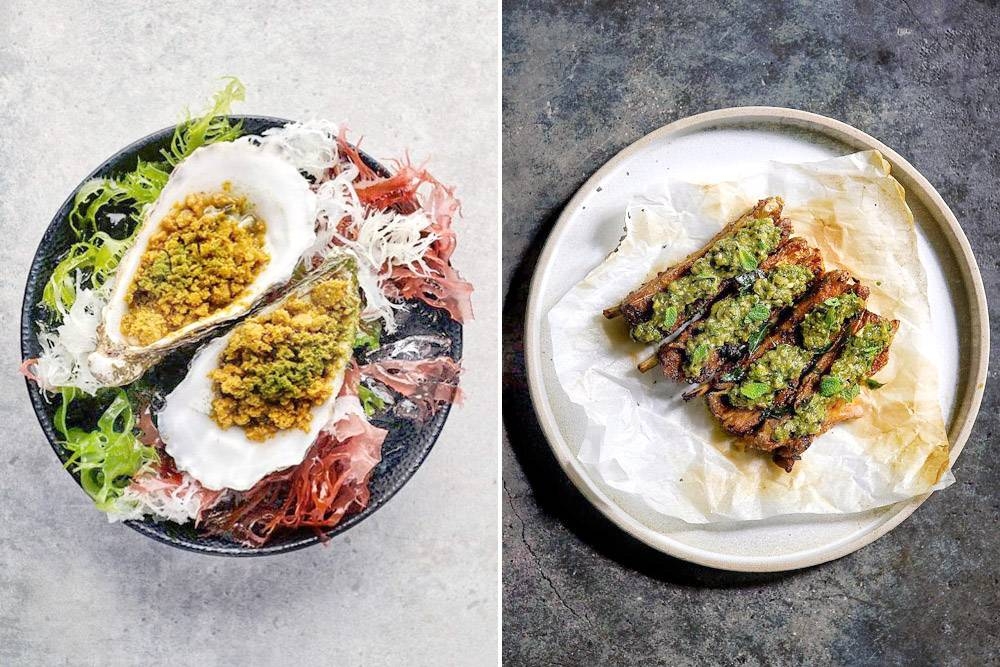 Irish Oyster Rassam Granita (left).  Lamb chops with cumin and coriander (right).