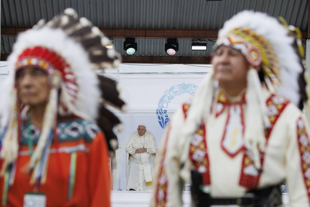 Pope Francis is seen on stage ahead of his apology for the treatment of First Nations children in Canada's Residential School system, during his visit to Maskwacis, Canada on July 25, 2022. — Picture by Cole Burston/Getty Images via AFP