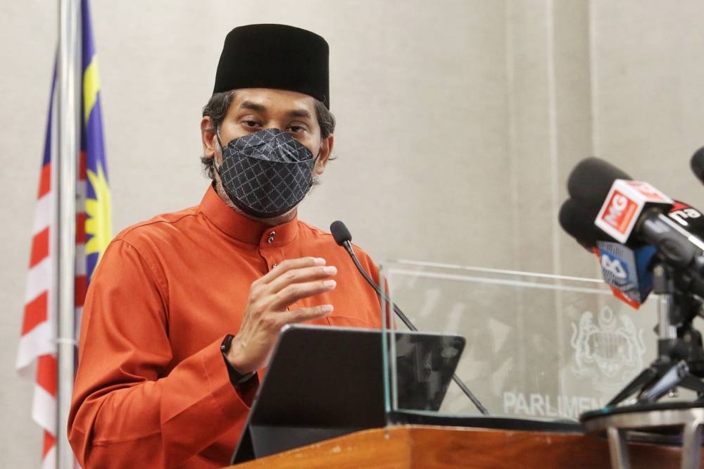 Health Minister Khairy Jamaluddin speaks during a press conference at Parliament July 8, 2022. — Picture by Choo Choy May