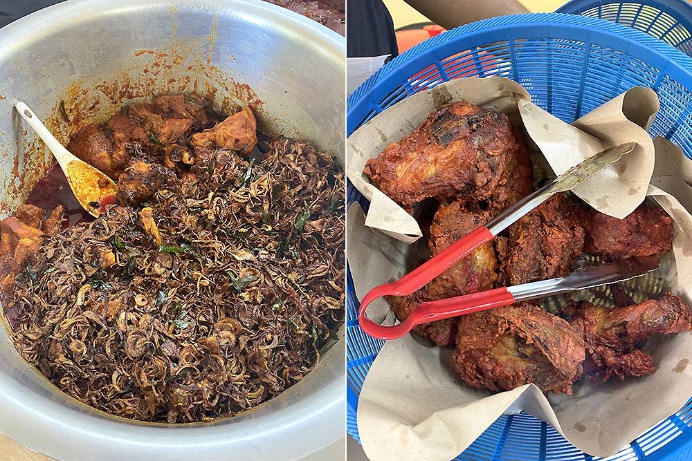 If you take a peek at the 'ayam madu bawang', you can see how the chicken is blanketed with a layer of fried onions (left). Fried chicken is in huge pieces and marinated so the meat is tasty (right).