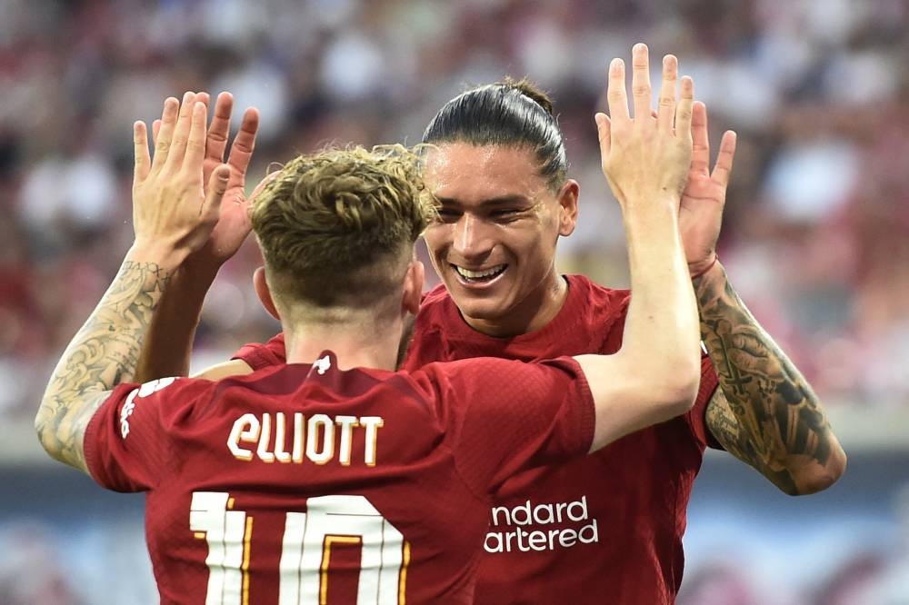 Liverpool's Darwin Nunez celebrates scoring their fourth goal to complete his hat-trick against RB Leipzig at the Red Bull Arena, Leipzig July 21, 2022. — Reuters pic